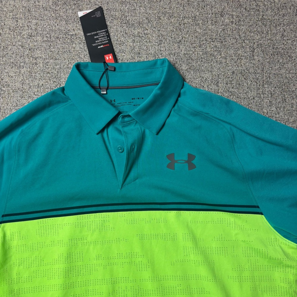 Under Armour Polo Mens Medium HeatGear Teal Lime Green Colorblock Short Sleeve
